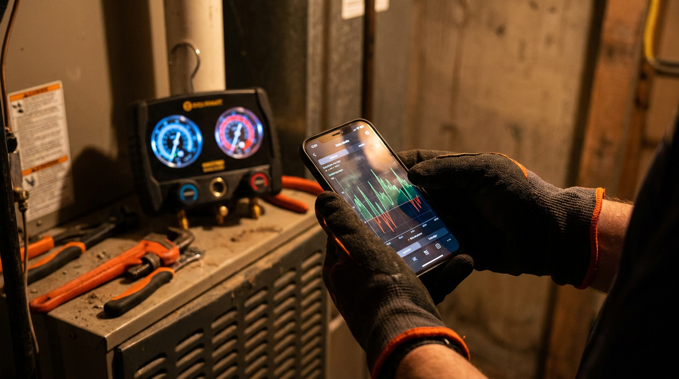 An HVAC tech uses a smartphone with an AI app to interpret data from a refrigerant pressure-temperature chart, with digital gauges in the background.