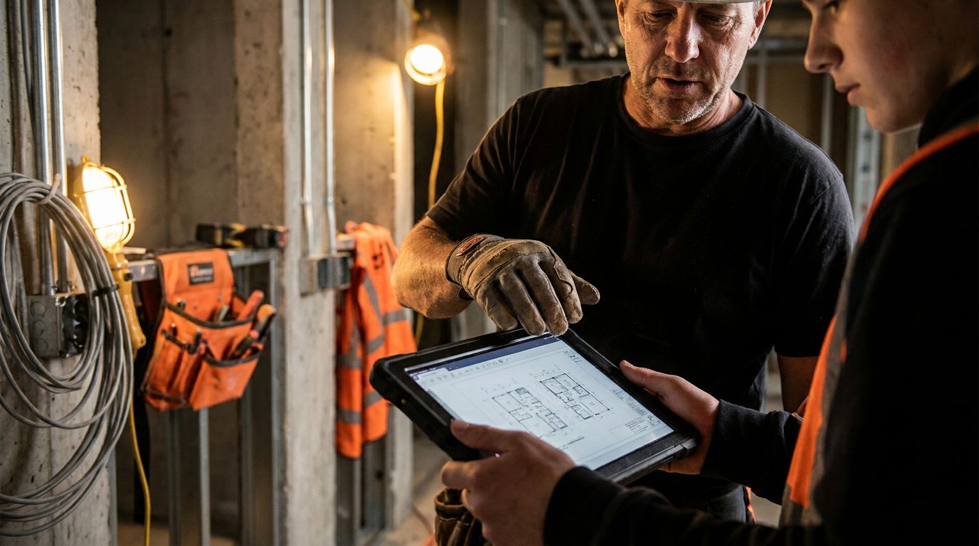 A master tradesperson and an apprentice looking at a tablet, considering if AI can write a trade apprenticeship agreement.