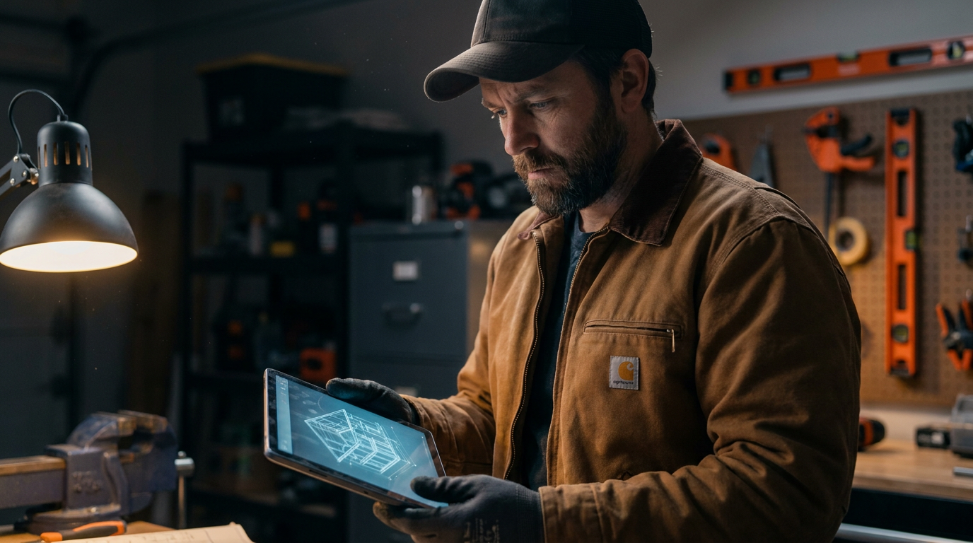 A contractor reviews project plans on a tablet, demonstrating a real-world use in our ChatGPT-4o for contractors review.