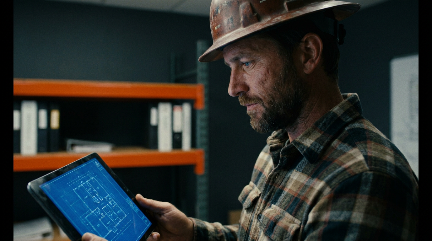 A contractor reviews a blueprint on a tablet, comparing the process of estimating with ChatGPT vs dedicated AI takeoff software.
