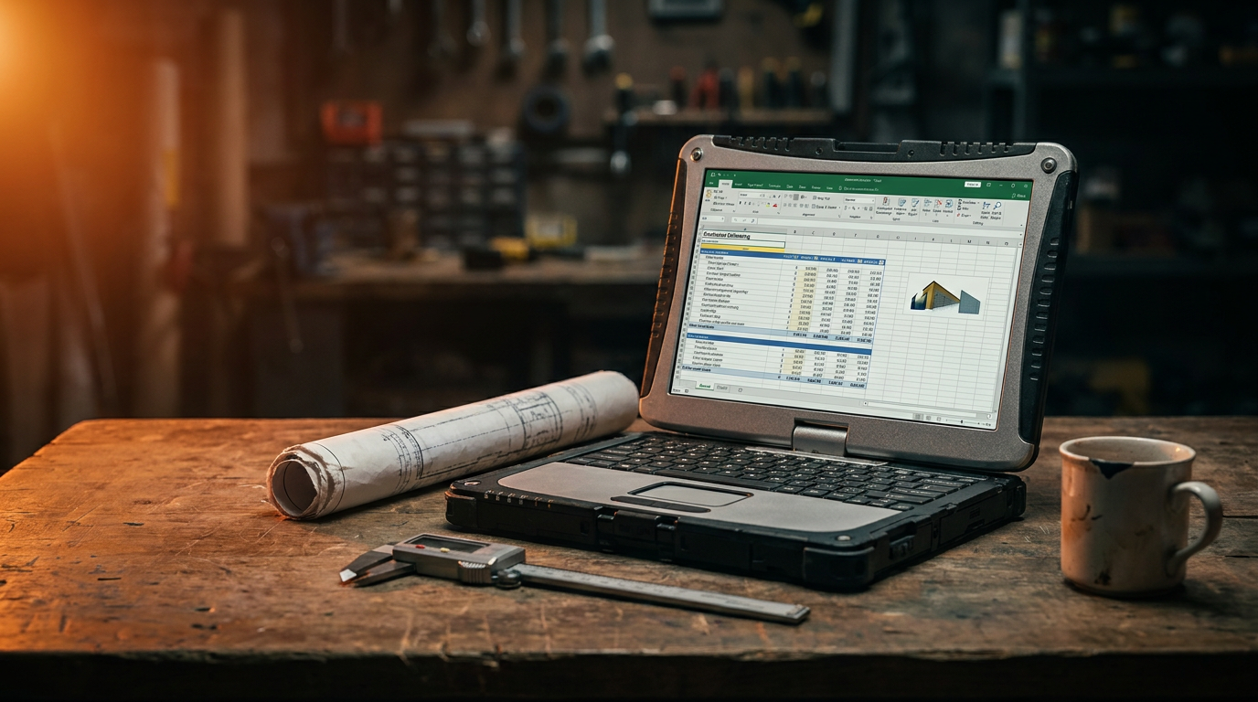 A contractor's desk with a laptop showing a comparison of ChatGPT for estimating versus professional AI software.