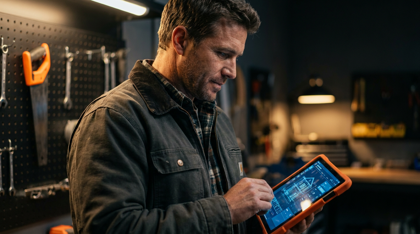 A contractor looking at a tablet, representing the use of ChatGPT plugins for contractors in his workshop.