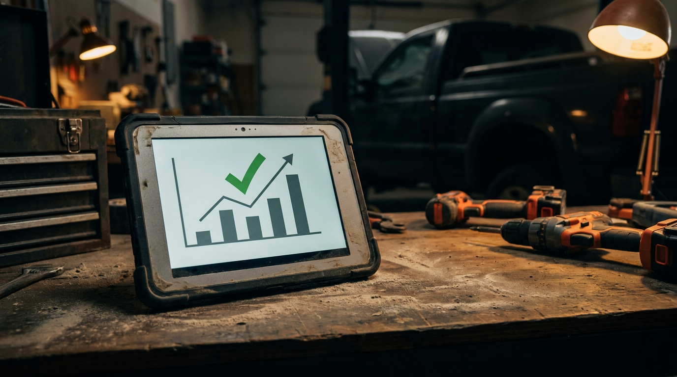 A contractor's tablet on a workbench showing a positive review, illustrating the use of ChatGPT prompts for contractor testimonials.