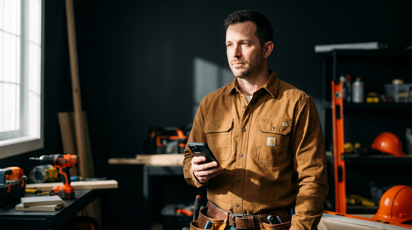 A contractor using a smartphone, learning how to use ChatGPT for social media posts for his business.