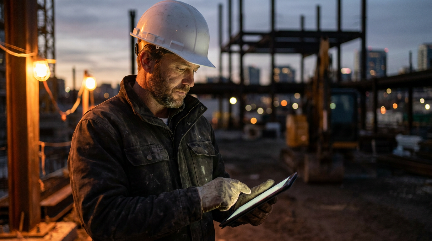 A construction manager reviews crew data on a tablet, comparing ClockShark vs Connecteam AI features.
