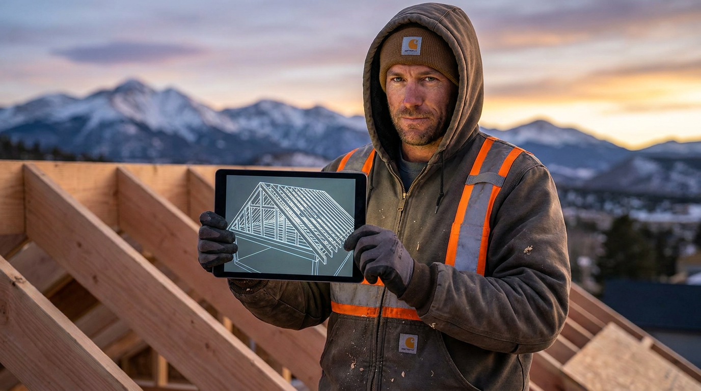 A Colorado roofer uses a tablet for AI snow load calculation on a jobsite with snowy mountains in the background.