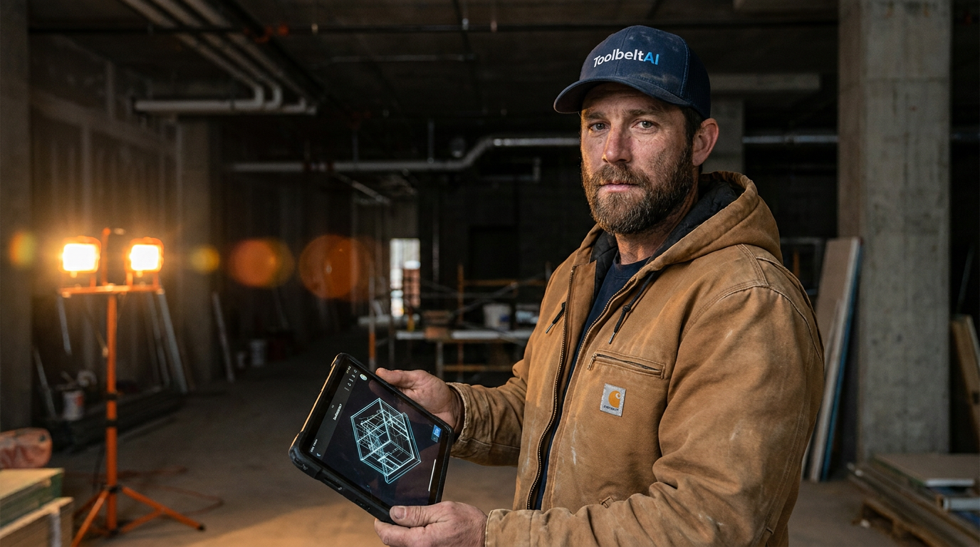 A contractor reviews a job on a tablet, illustrating a comparison of Contractor Foreman vs AccuLynx AI features for winning bids.