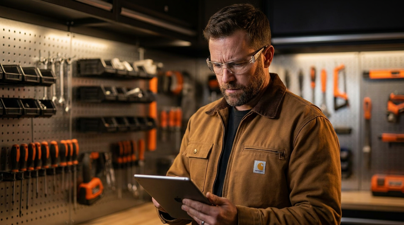 A contractor considers which AI writer to use, comparing Copy.ai vs Jasper for contractor marketing on his tablet.