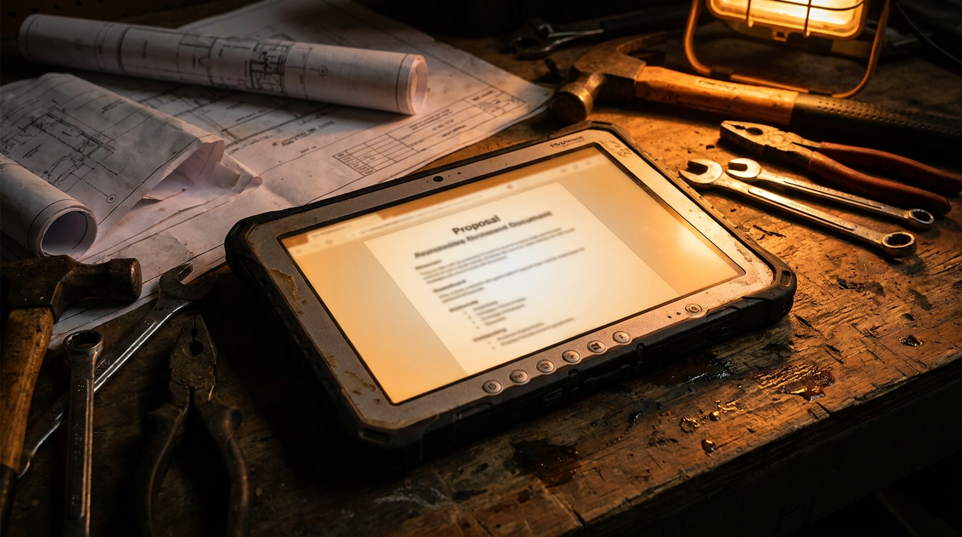 A contractor's tablet showing a proposal written with Copy.ai vs Jasper, sitting on a workbench with tools.