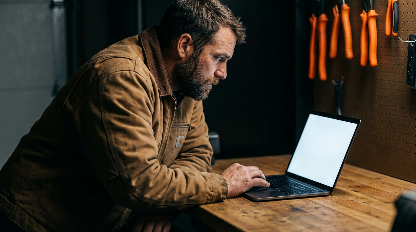 A contractor reviews website text, comparing Copy.ai vs Jasper for contractor websites on his laptop in his workshop.