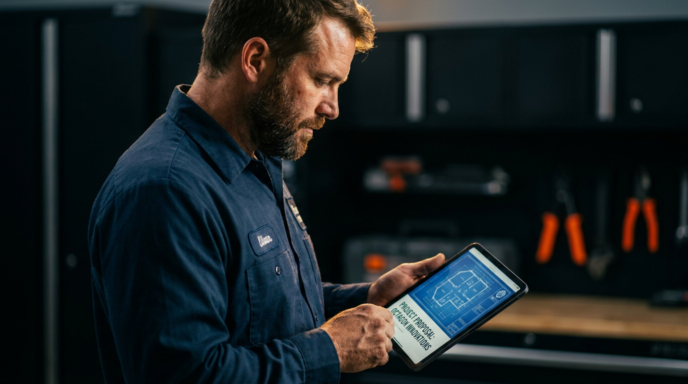 A professional contractor reviews a job bid on a tablet, comparing the features of Copy.ai vs Writesonic for writing contractor proposals.