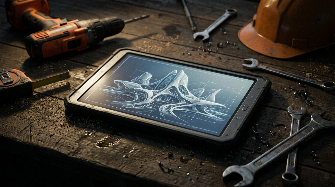 A contractor's tablet on a workbench shows a complex blueprint, illustrating the use of DALL-E 3 for contractor marketing.