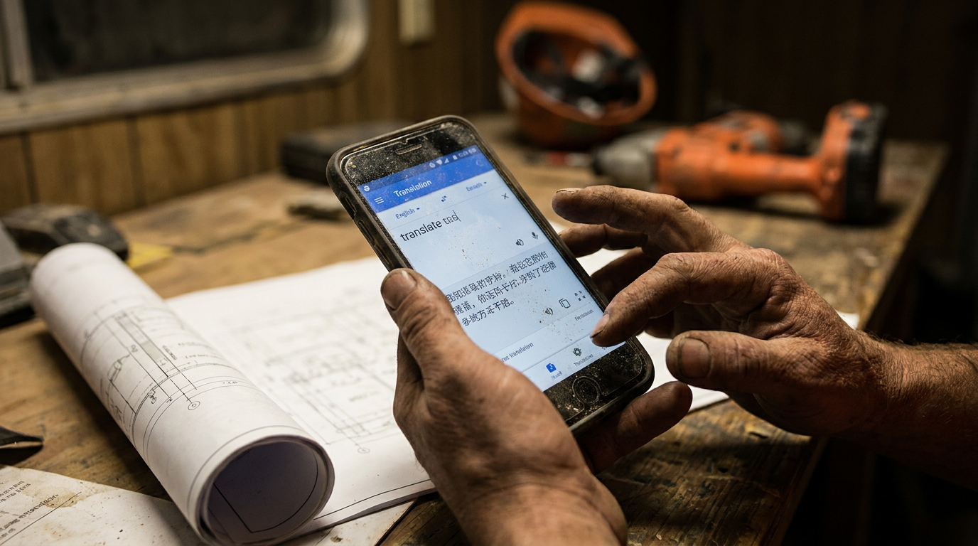 A contractor's hands holding a phone comparing DeepL vs Google Translate for technical trade documents on a jobsite.
