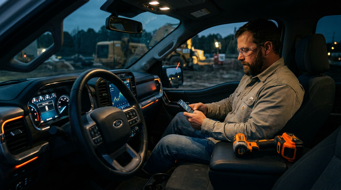 A contractor reviews his crew's spending on a smartphone, comparing Divvy vs Ramp AI expense management in his work truck.