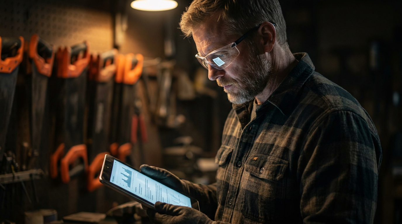 A contractor reviews a contract on a tablet, comparing DocuSign Insight vs Adobe Acrobat AI for his business.