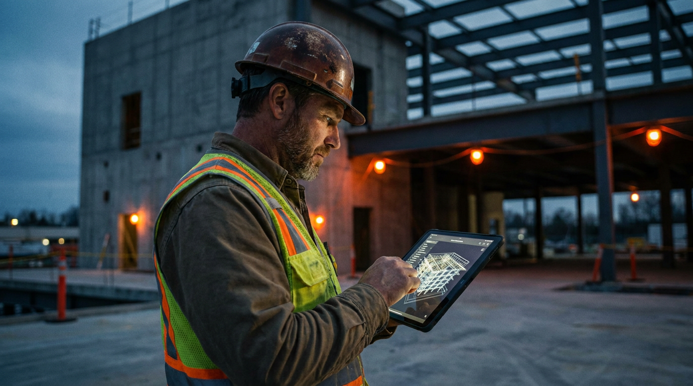 A construction manager reviews a BIM model on a tablet while comparing Doxel vs Avvir for AI project tracking on a jobsite.