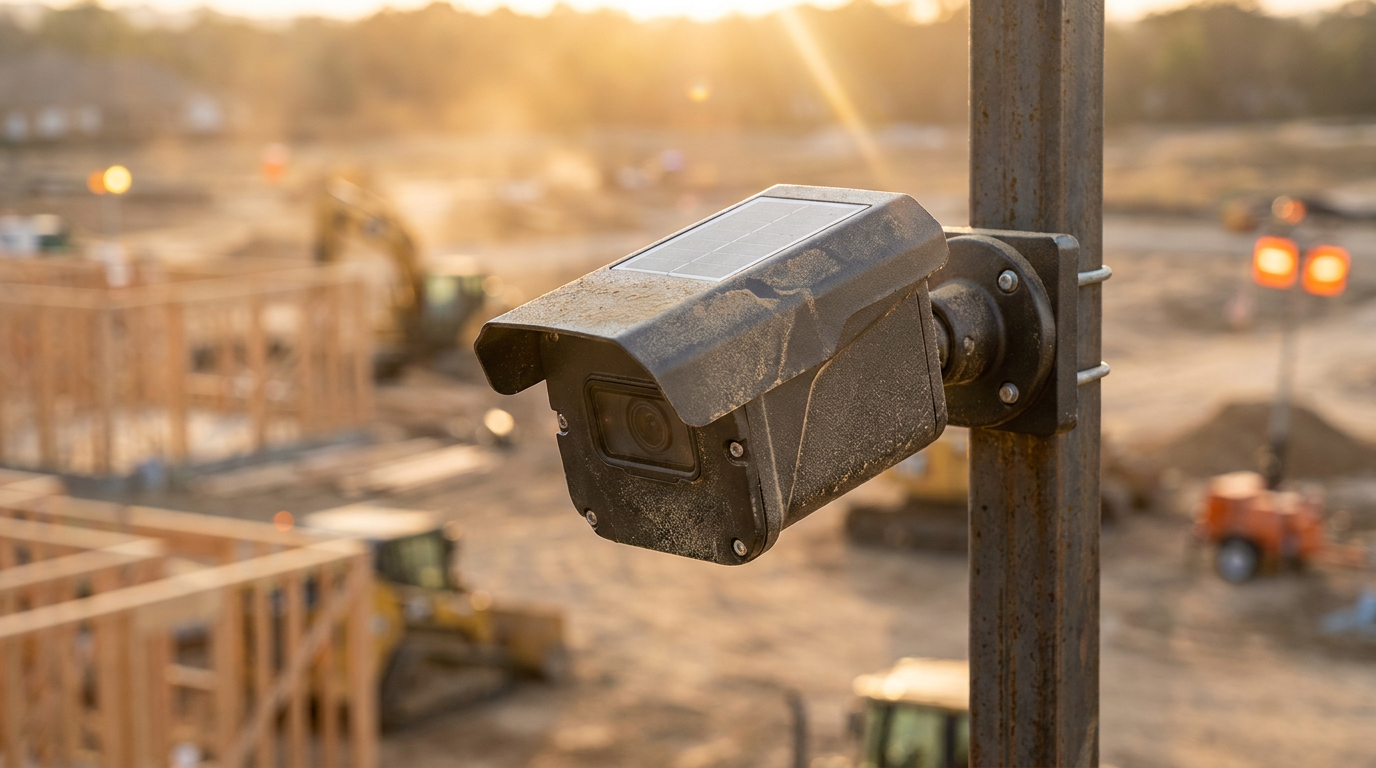 A durable AI camera for jobsite security with a solar panel mounted on a pole at a construction site at dusk.
