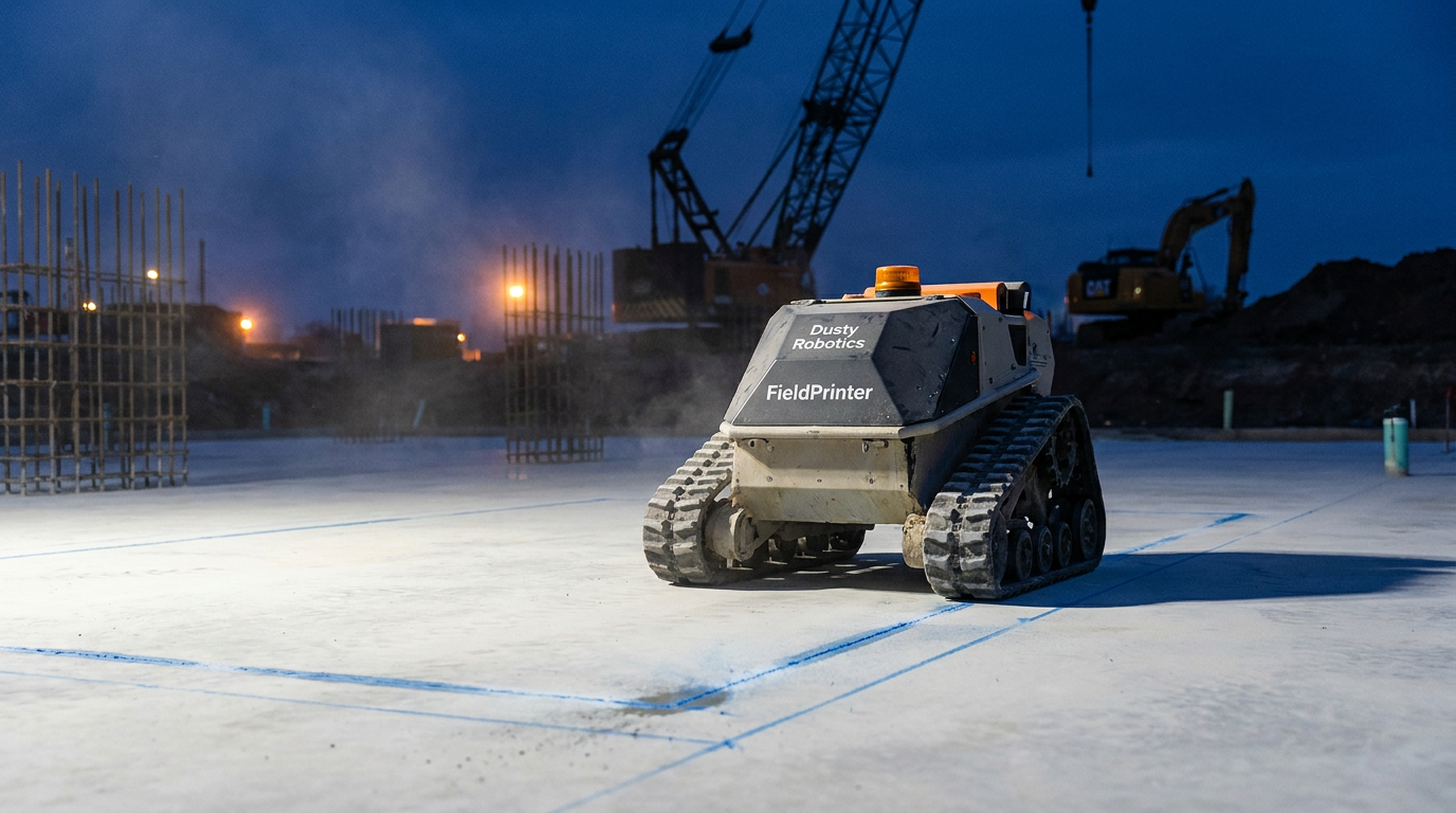 A Dusty Robotics AI layout robot, the FieldPrinter, printing construction plans on a concrete floor in a detailed review of its performance.