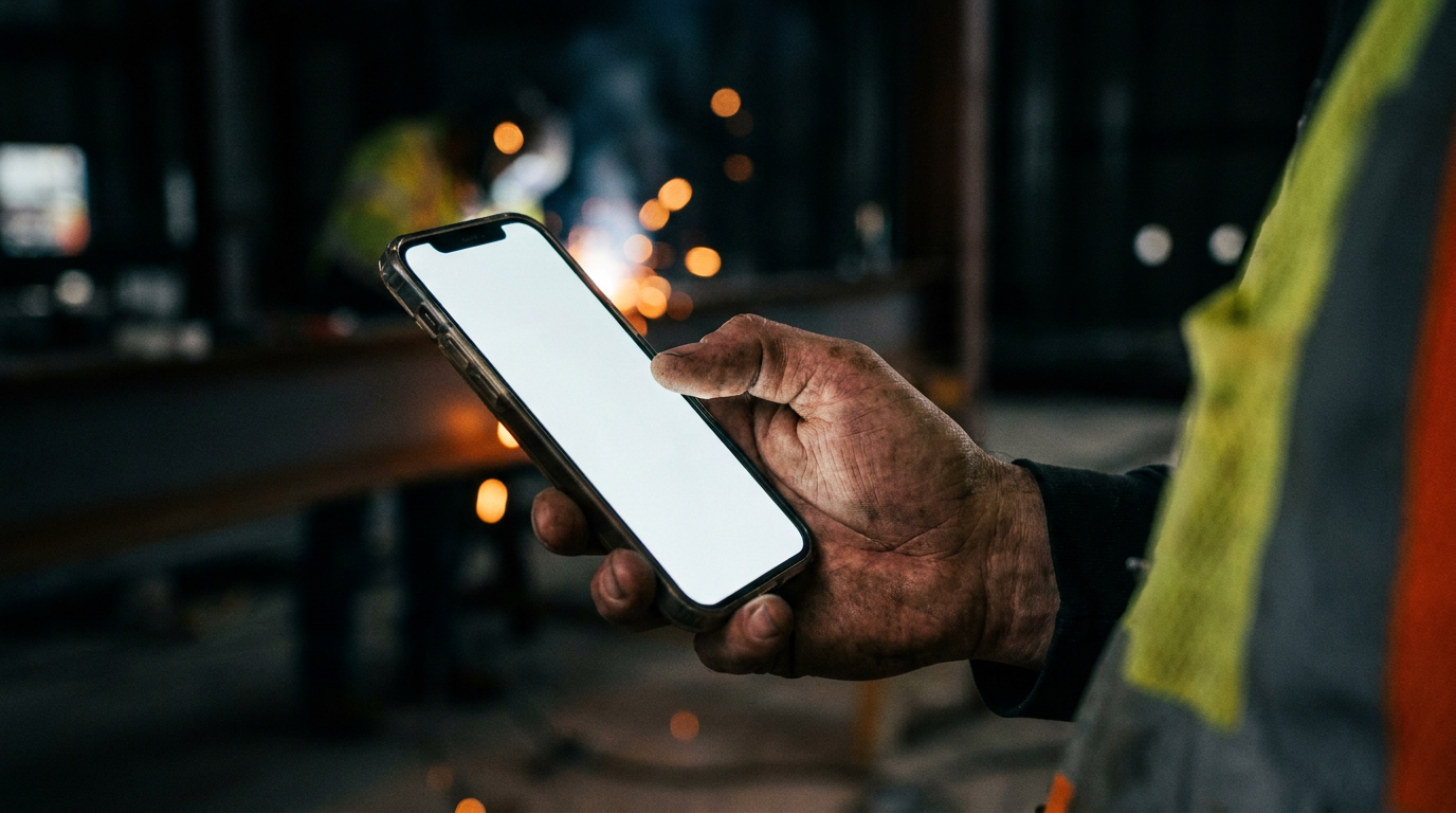 A contractor holds a smartphone to compare Fireflies.ai vs Otter.ai on a construction jobsite.