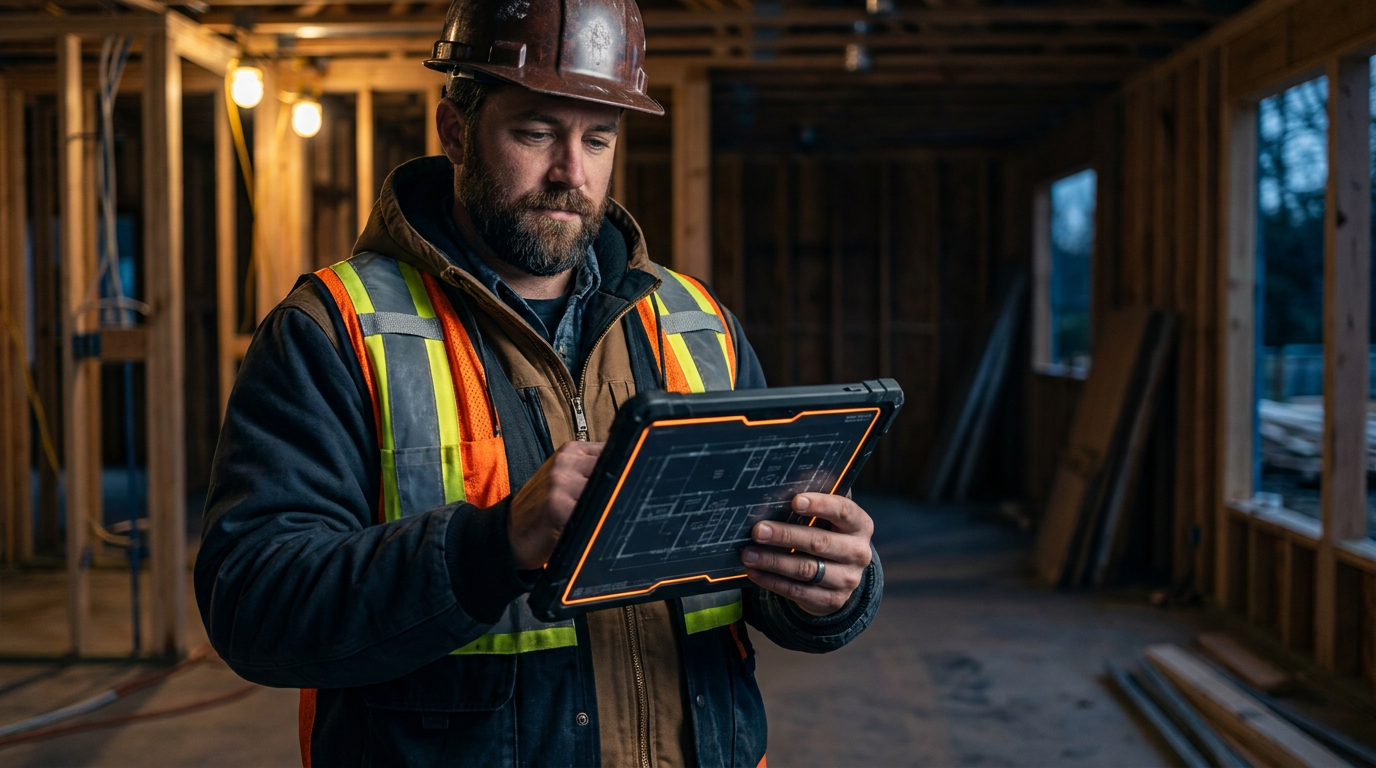 An HVAC professional in Florida using a tablet with AI tools for Manual J calculations on a job site.