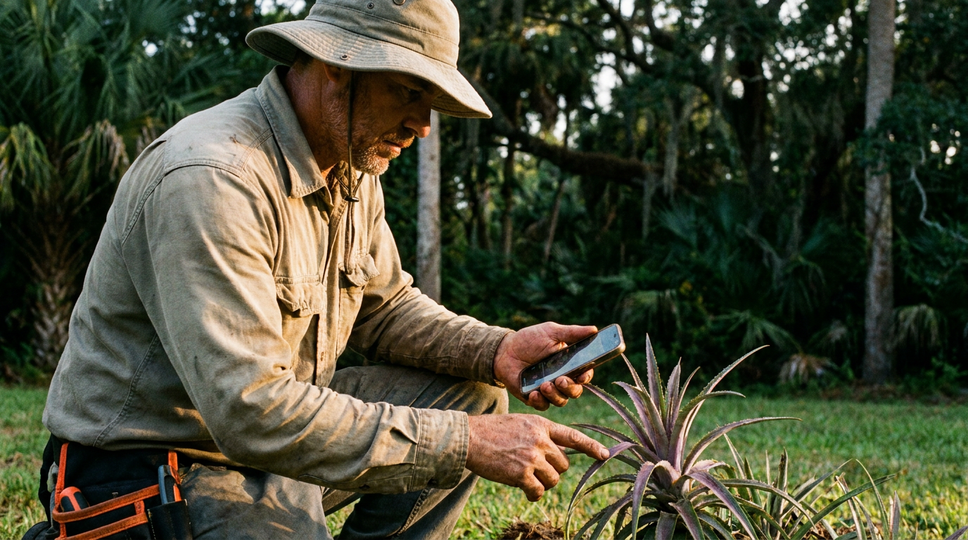 A Florida landscaper uses a smartphone for AI for invasive species identification on a job site.
