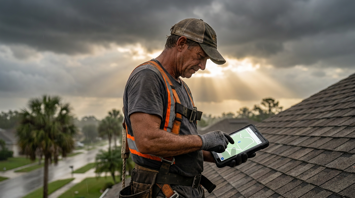 A Florida roofing contractor uses a tablet with AI tools for HVHZ roofing compliance while on a job site.