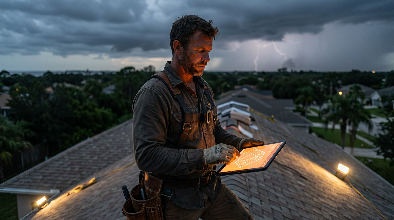 A roofing contractor using a tablet with AI software while complying with Florida roofing inspection laws on a newly installed roof.