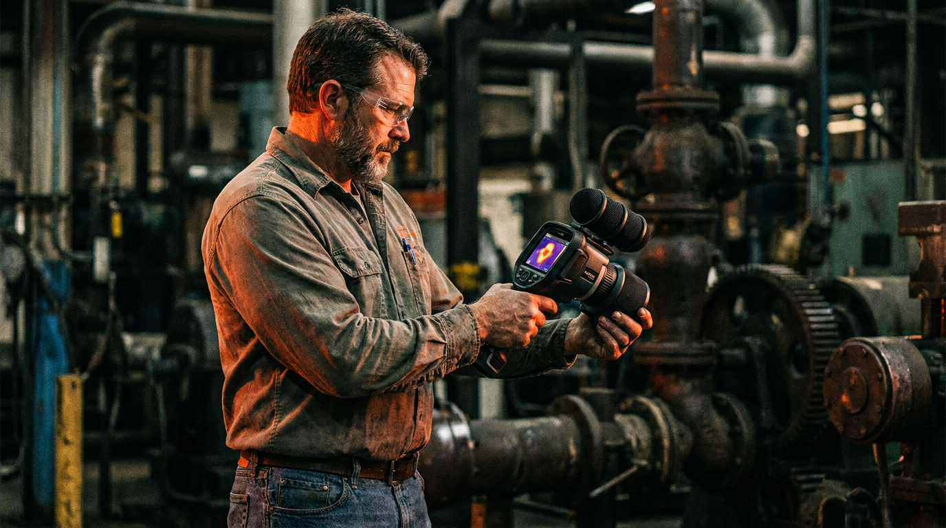 A technician uses an acoustic imaging camera to compare the Fluke ii900 vs FLIR Si124 for leak detection in an industrial plant.