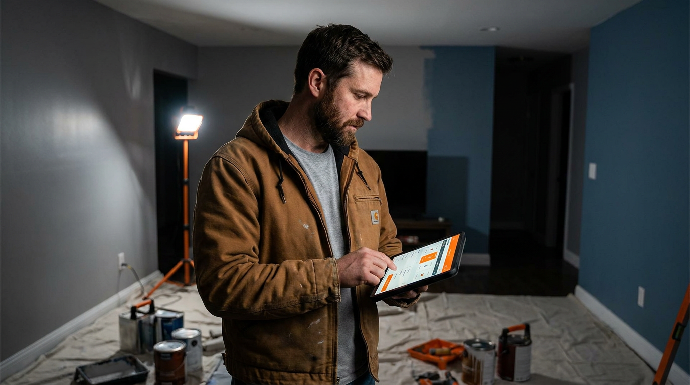A painting contractor reviews a bid on a tablet, part of a Foreman AI review for painters.