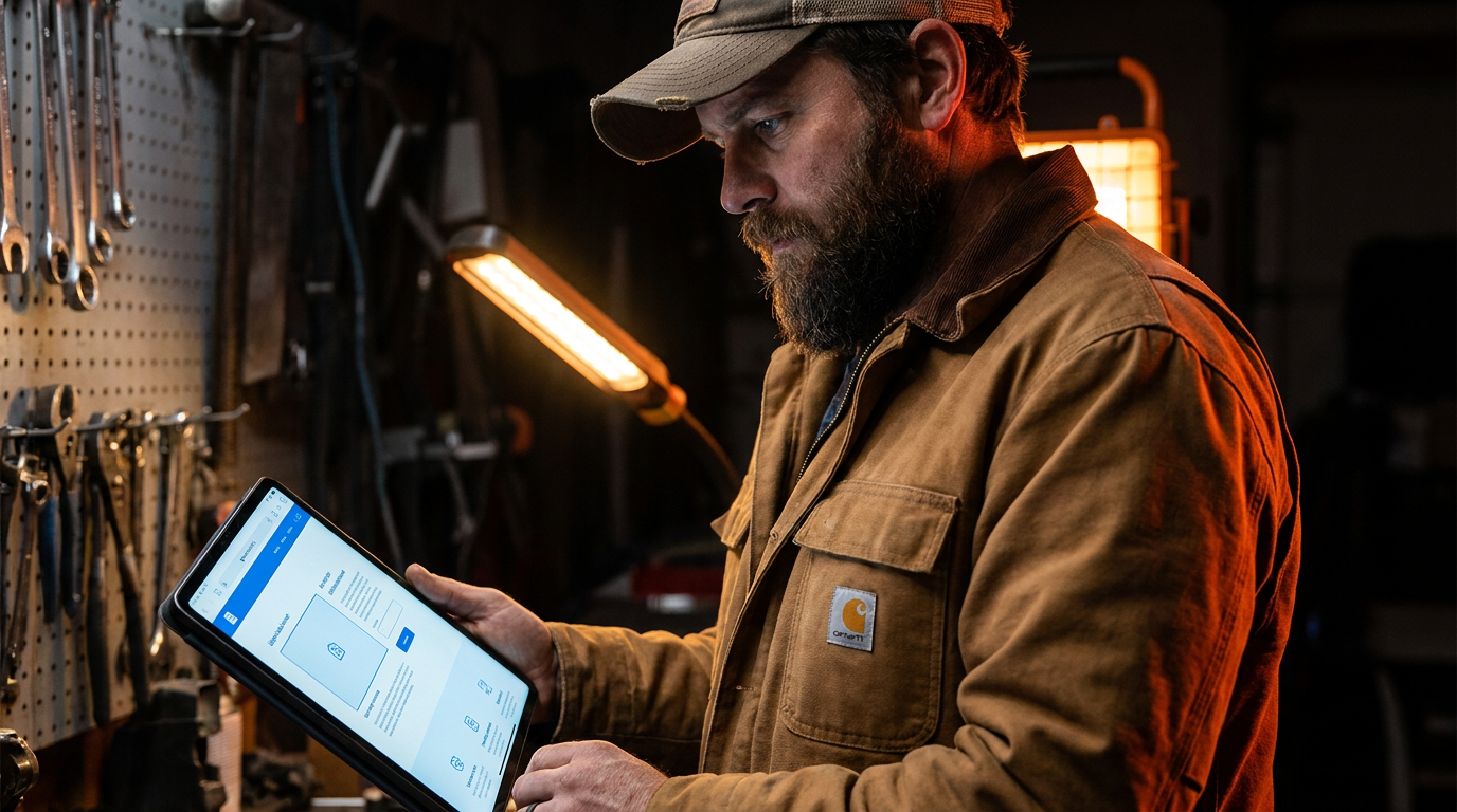 A contractor reviews a website layout on a tablet, comparing Framer AI vs Webflow AI for contractor websites.