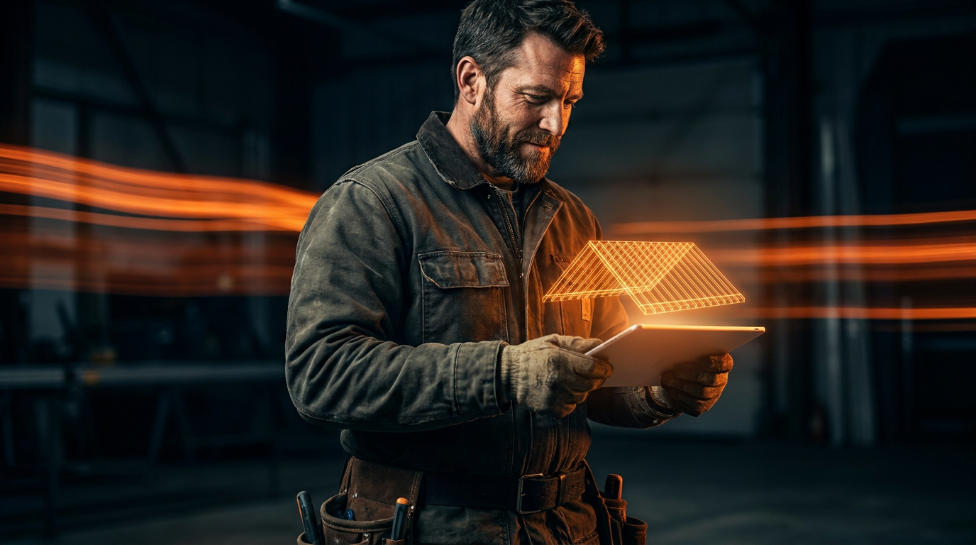 A professional roofer reviews a GAF e360 vs EagleView AI roofing report on a tablet.