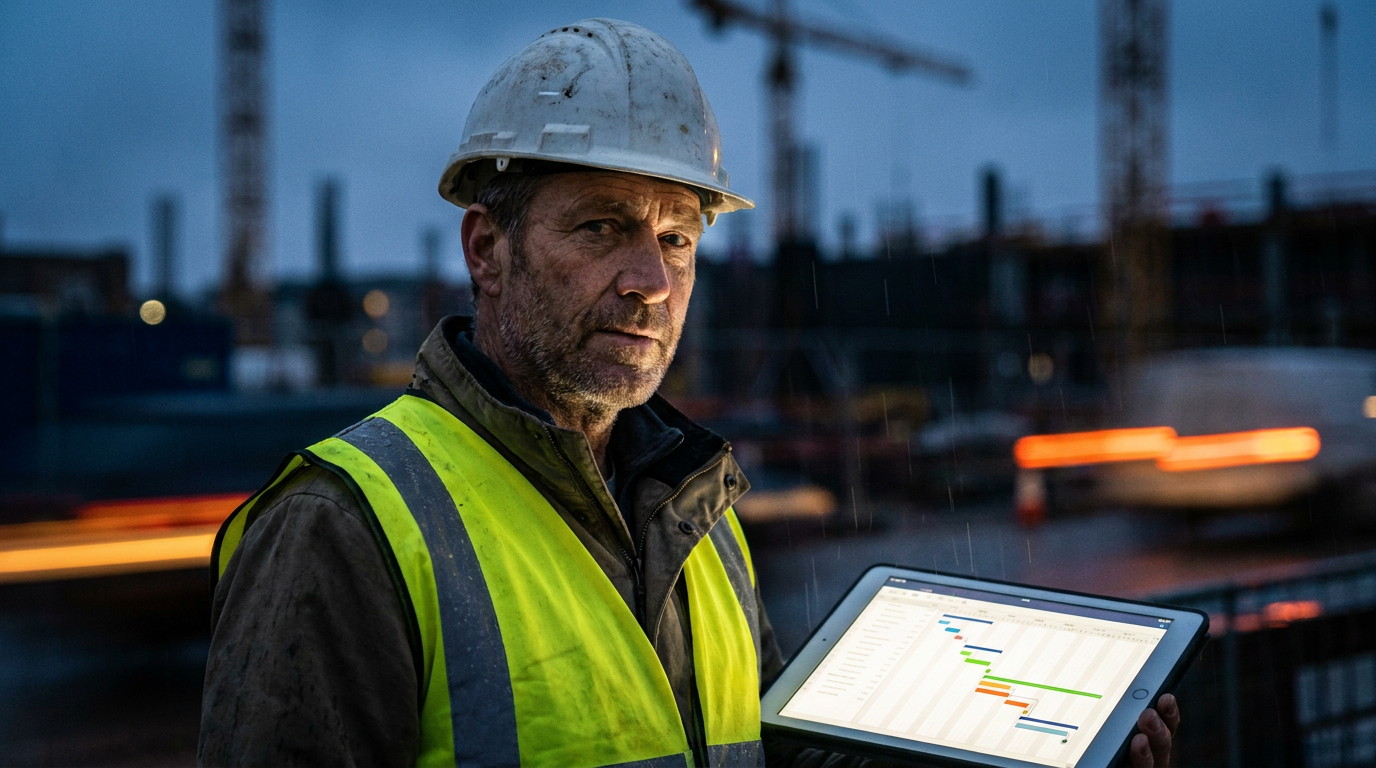 A construction manager using a tablet for AI for construction project scheduling on a job site.