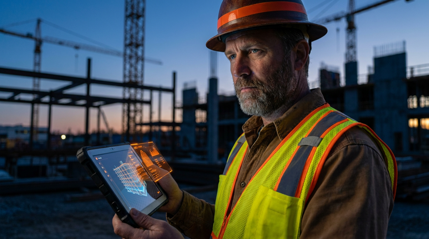 A general contractor uses a tablet with AI for construction value engineering on a job site, analyzing a digital building model.