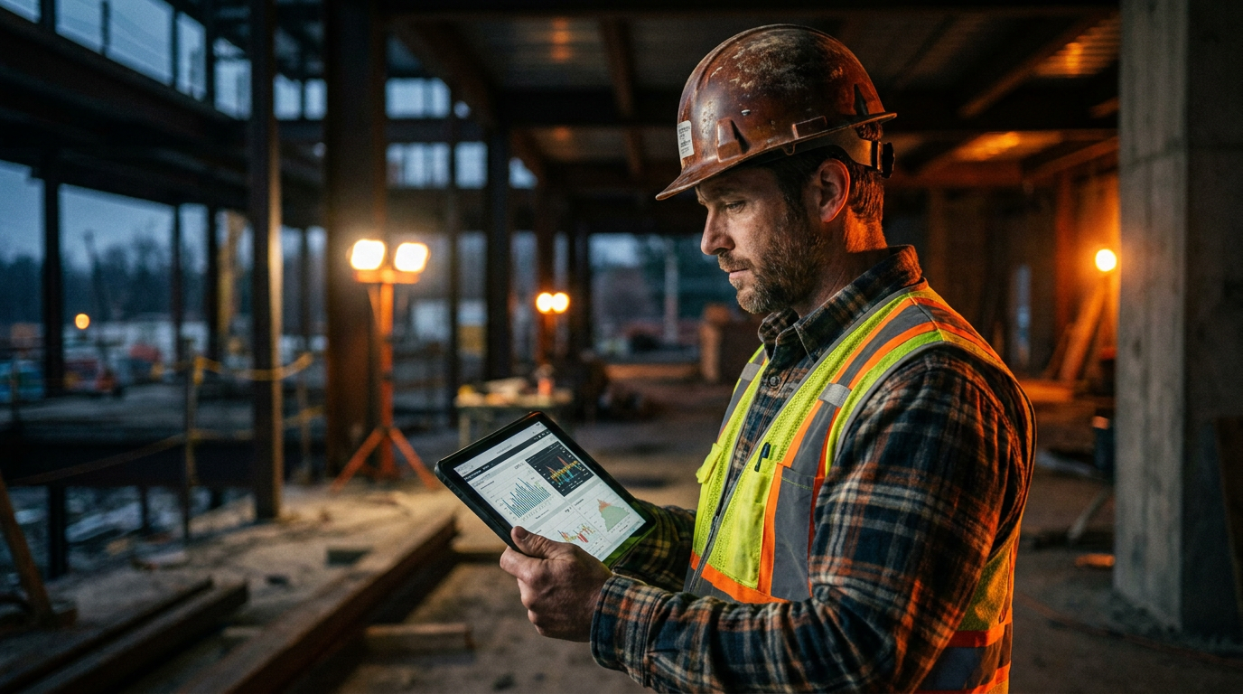 A construction manager reviews payroll data on a tablet, comparing Gusto vs Rippling AI payroll features for trades.