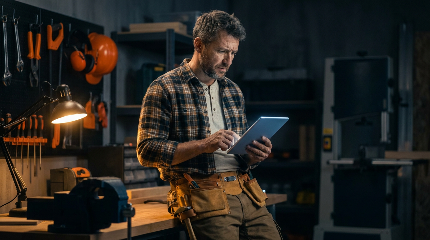 A contractor reviews Hearth vs Wisetack AI financing options on a tablet in his workshop.