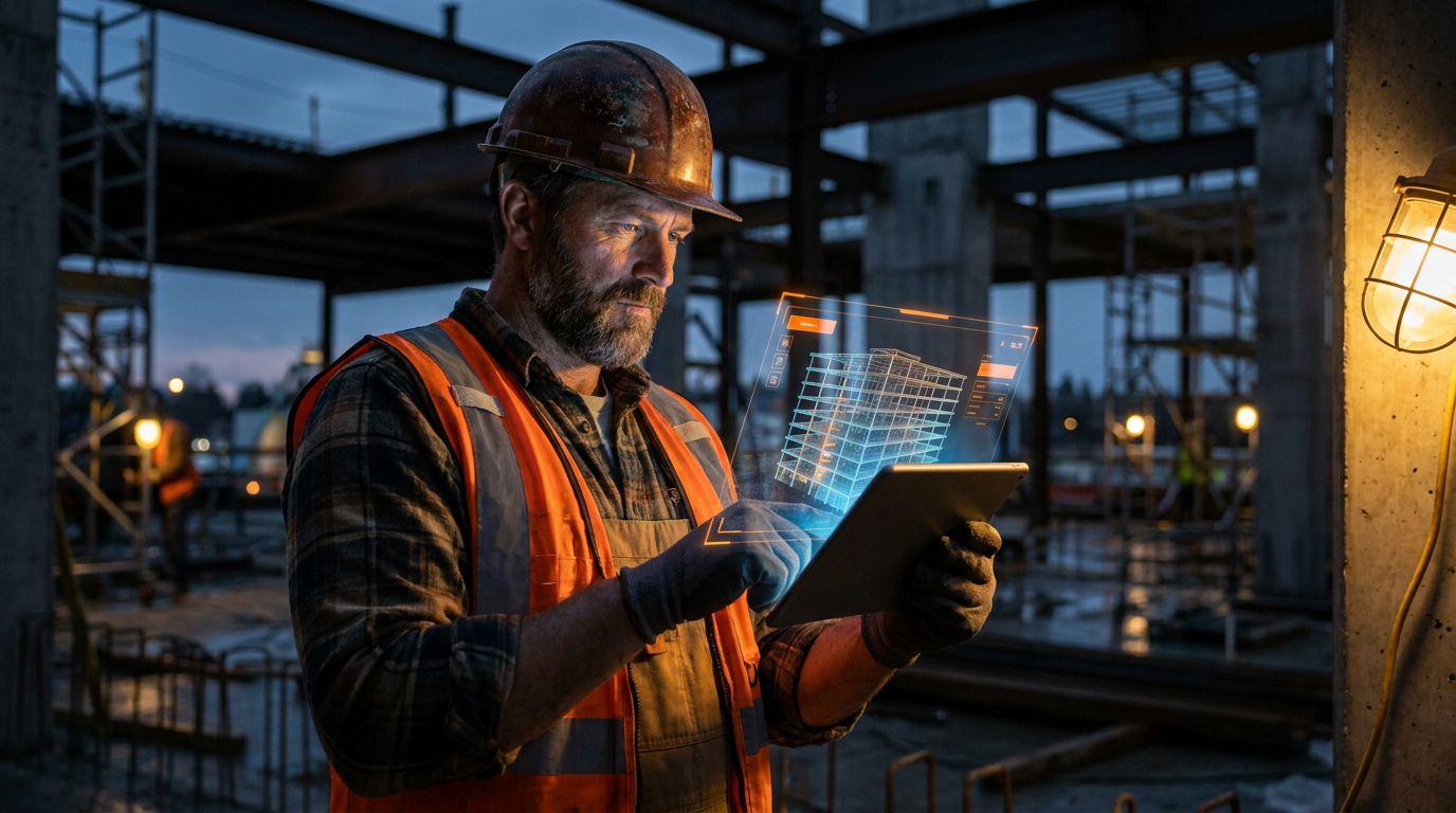 A construction manager reviews a 3D model on a tablet, illustrating the use of HoloBuilder vs Avvir AI construction progress tracking on a jobsite.