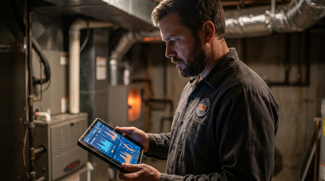 An HVAC technician reviews AI data on a tablet, illustrating a comparison of Housecall Pro vs Jobber AI features for HVAC businesses.