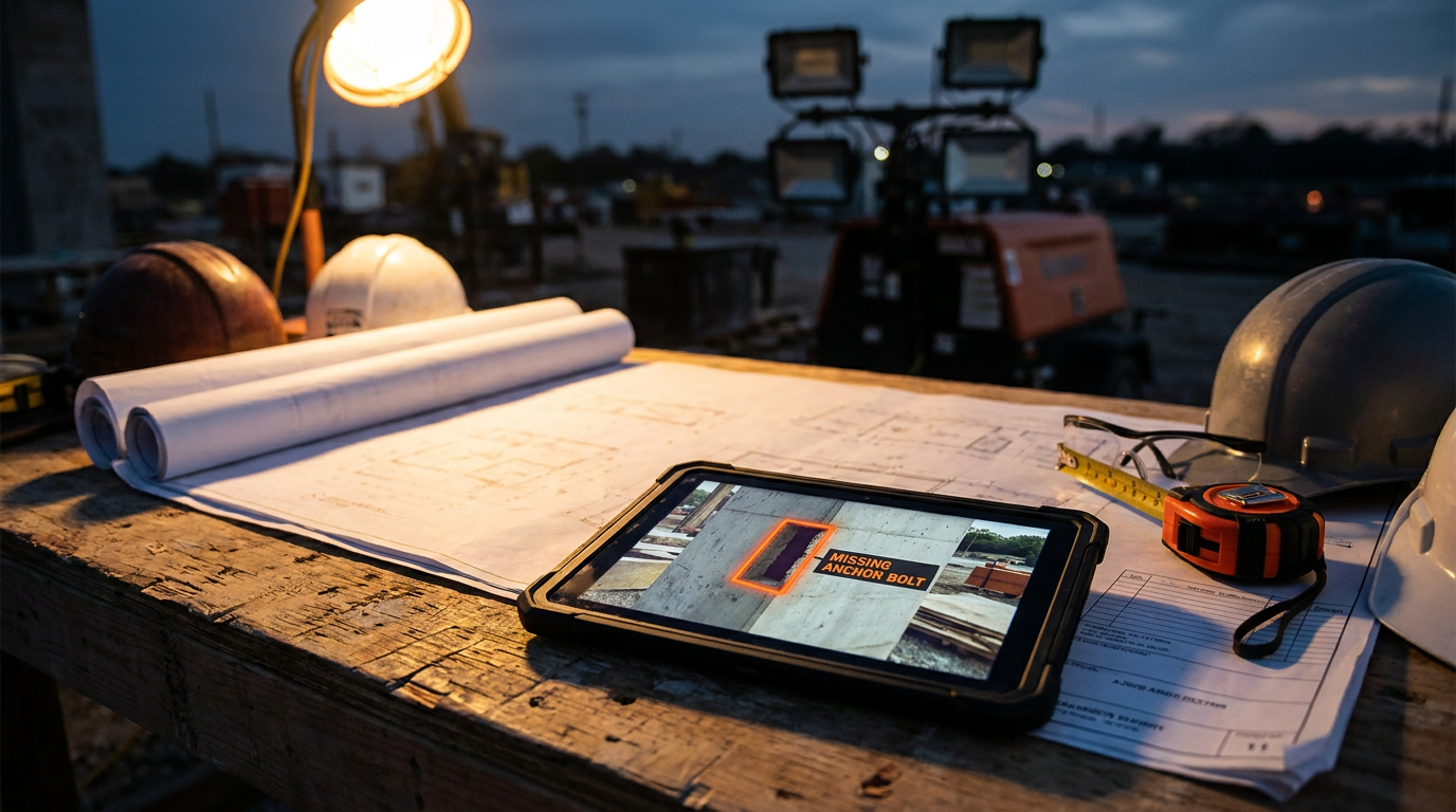 A tablet on a workbench showing how AI learns from construction photos by digitally highlighting a missing bolt on a jobsite image.