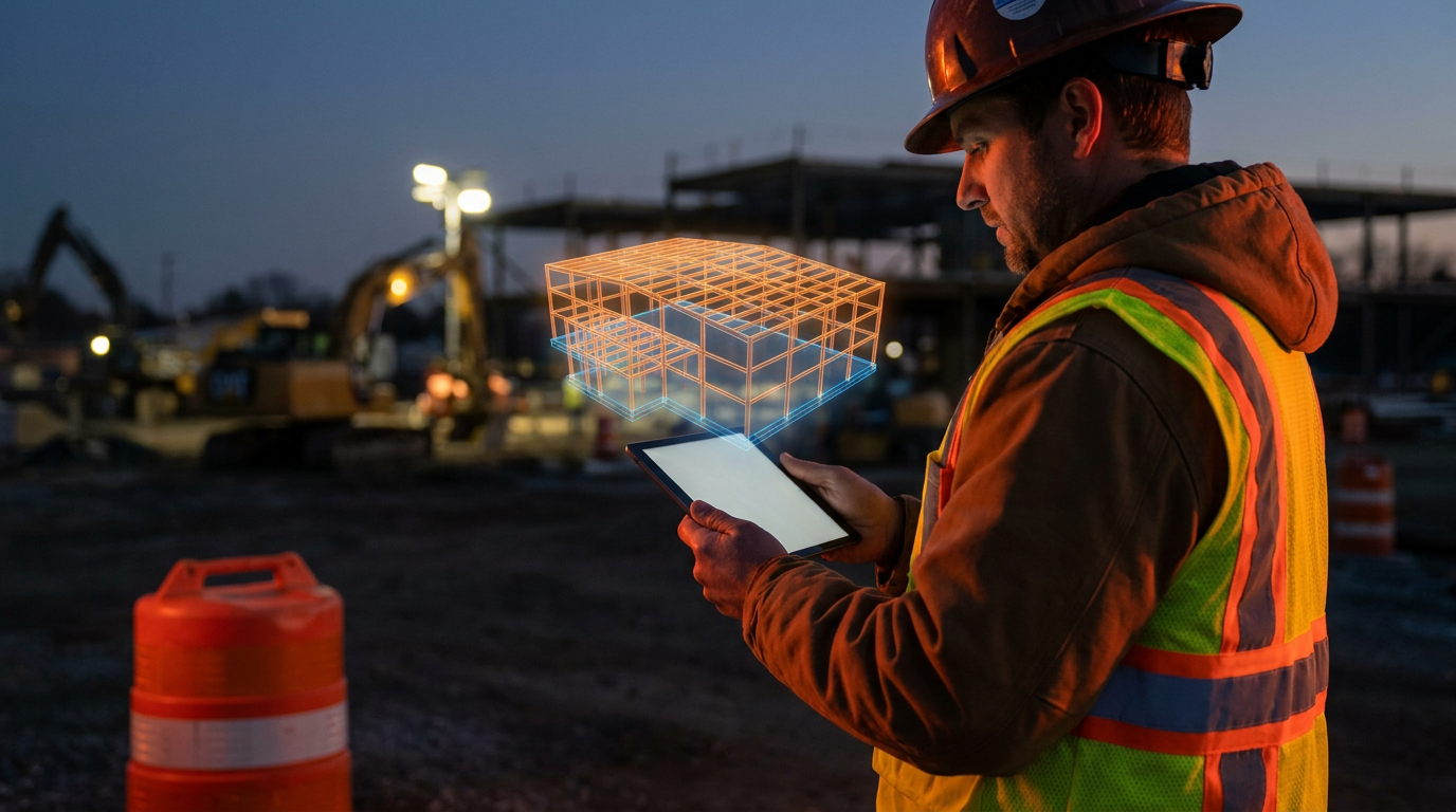 A construction professional reviewing how AI works with a BIM model on a tablet, demonstrating modern jobsite technology for the trades.