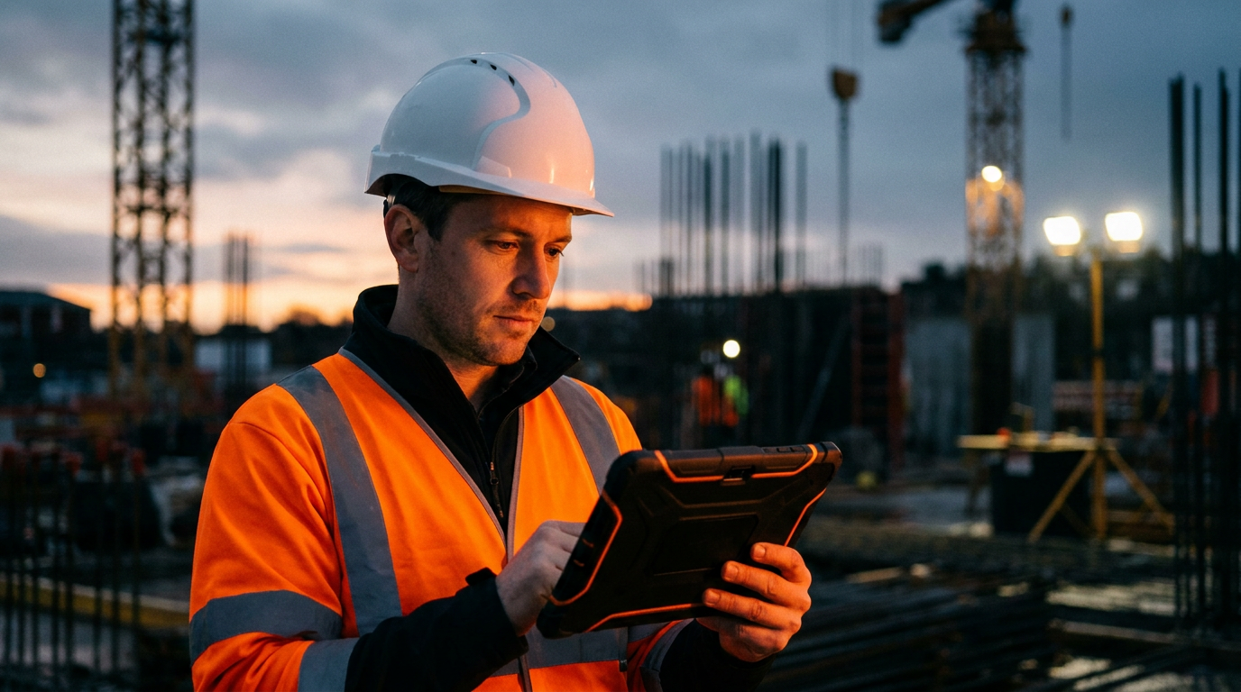 A contractor reviews project data on a tablet, comparing HubSpot AI vs Zoho CRM AI for their business.