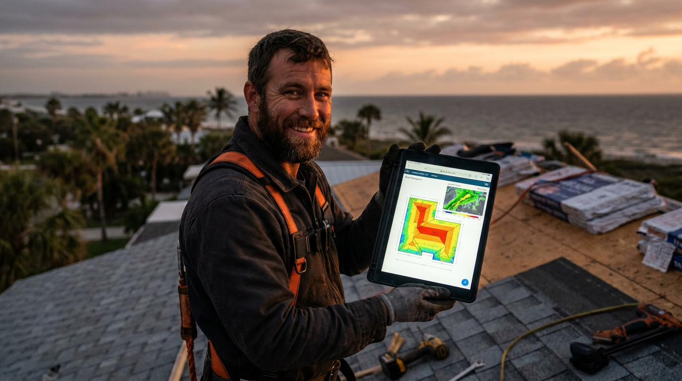 A Florida roofer uses a tablet with AI wind load calculation software to plan a hurricane-resistant roof installation.