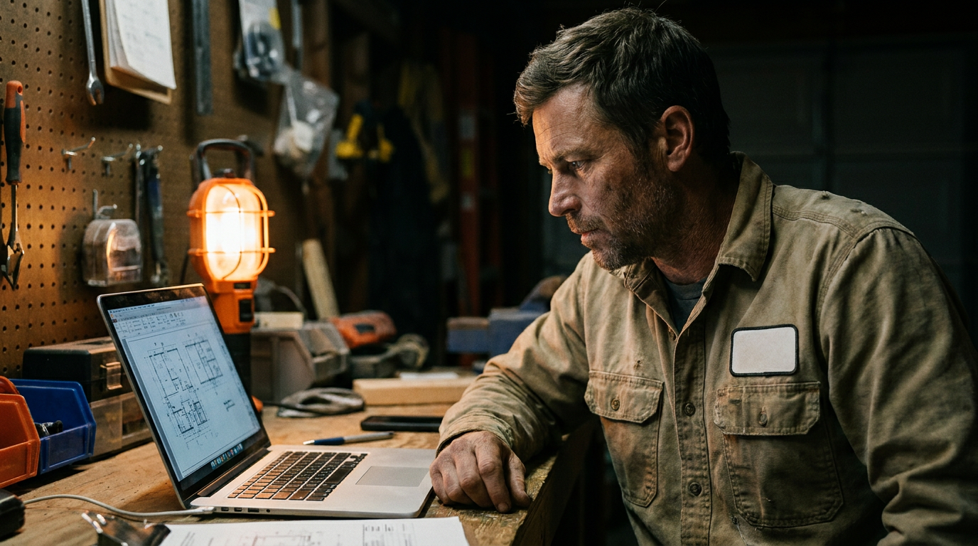 A contractor using a laptop to research Jasper AI for contractor blogs in his workshop.