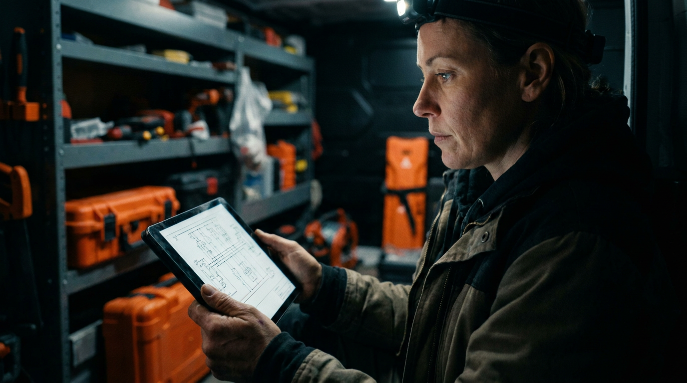 A contractor reviews a tablet, comparing Jobber vs ServiceTitan AI quoting features for his business.