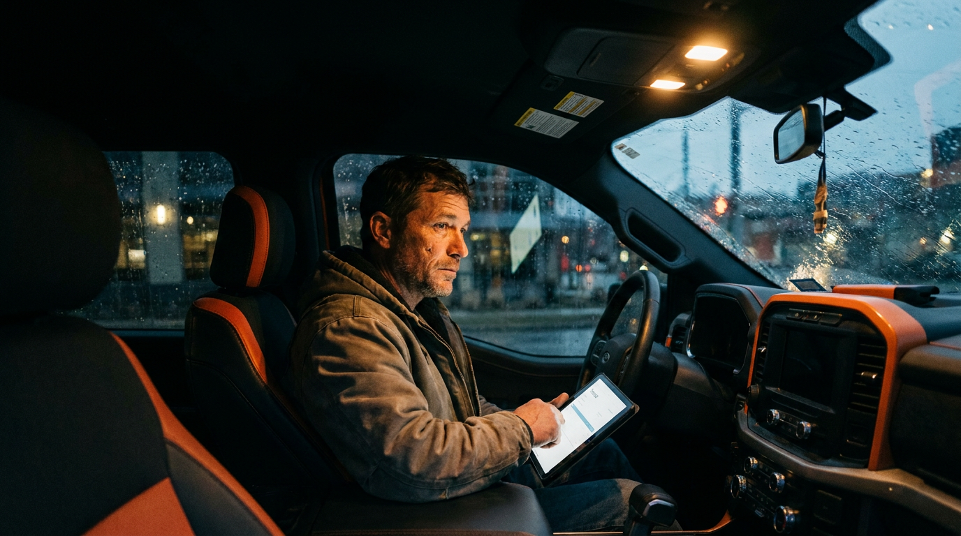 A contractor reviews the Joist vs Invoice2go AI features on a tablet inside his truck.