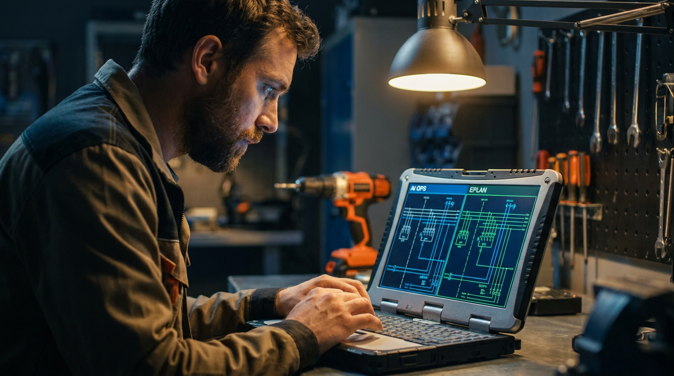 An electrician at a workbench reviews a complex electrical design, comparing K-Ops AI vs EPLAN on a rugged laptop.