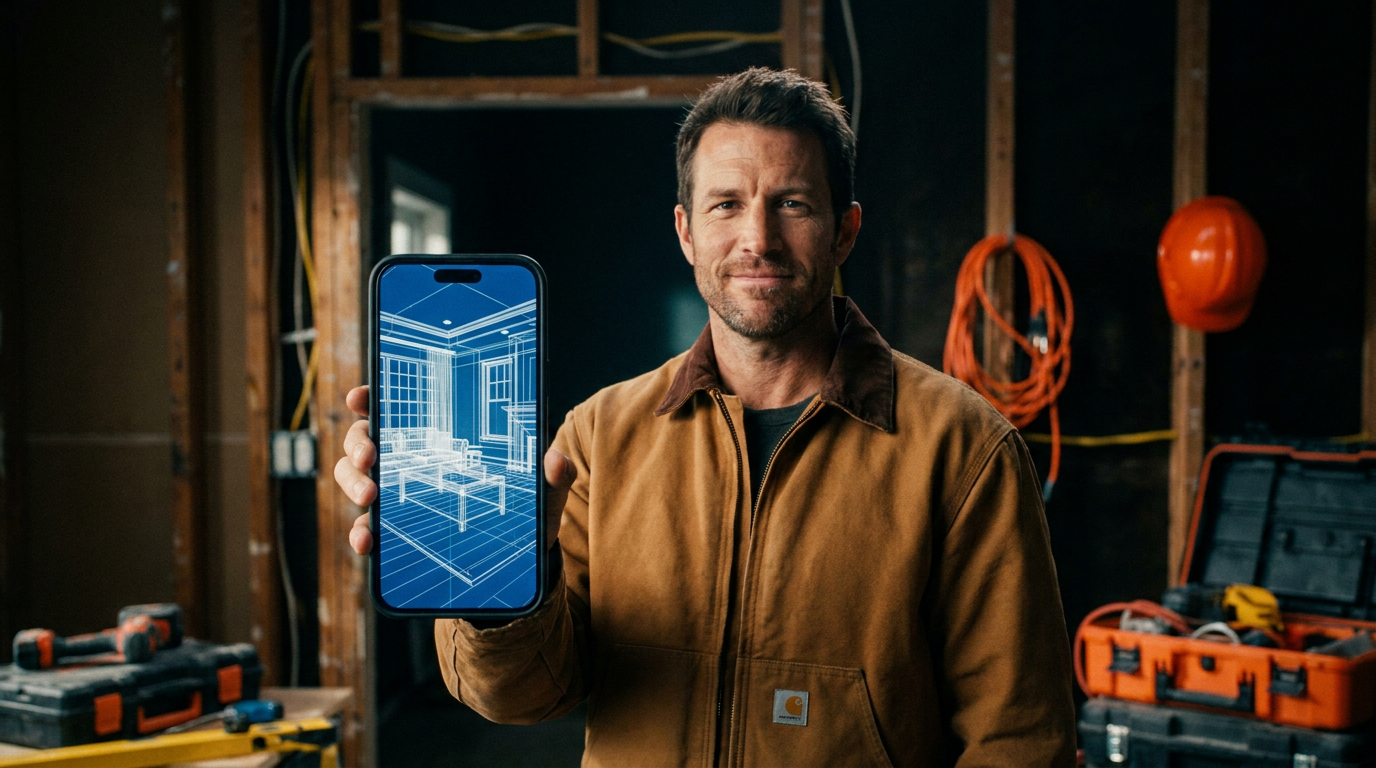 A contractor reviews a floor plan on his phone, comparing Magicplan vs Canvas AI measuring apps for a job site.