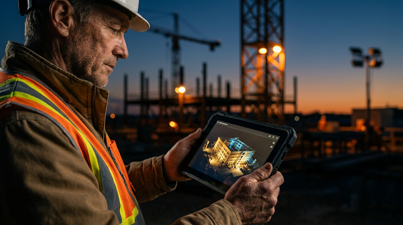 A project manager reviews a tablet showing a site capture model, comparing Matterport vs. StructionSite for AI progress tracking.