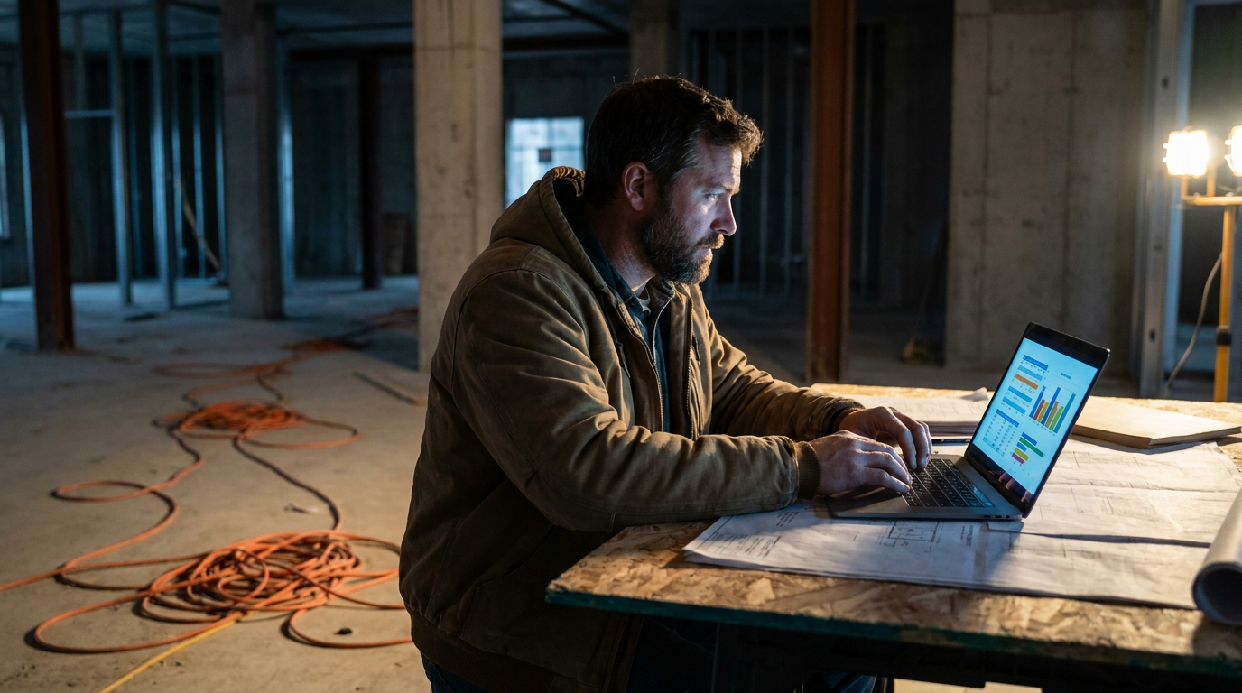 A contractor on a job site uses a laptop for a Microsoft Copilot for Microsoft 365 for contractors review.