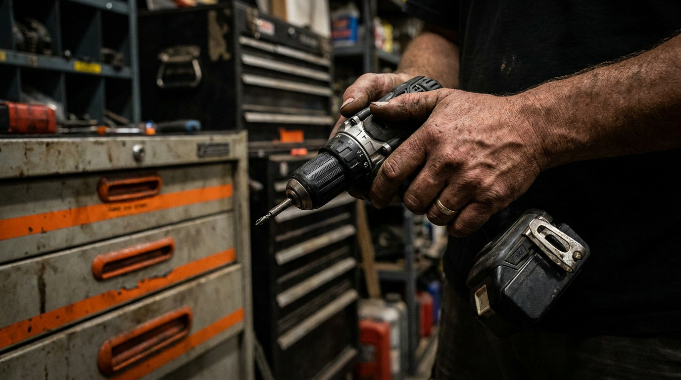 A contractor's hands hold a drill in a workshop, illustrating a comparison of Midjourney vs DALL-E for contractor ad images.
