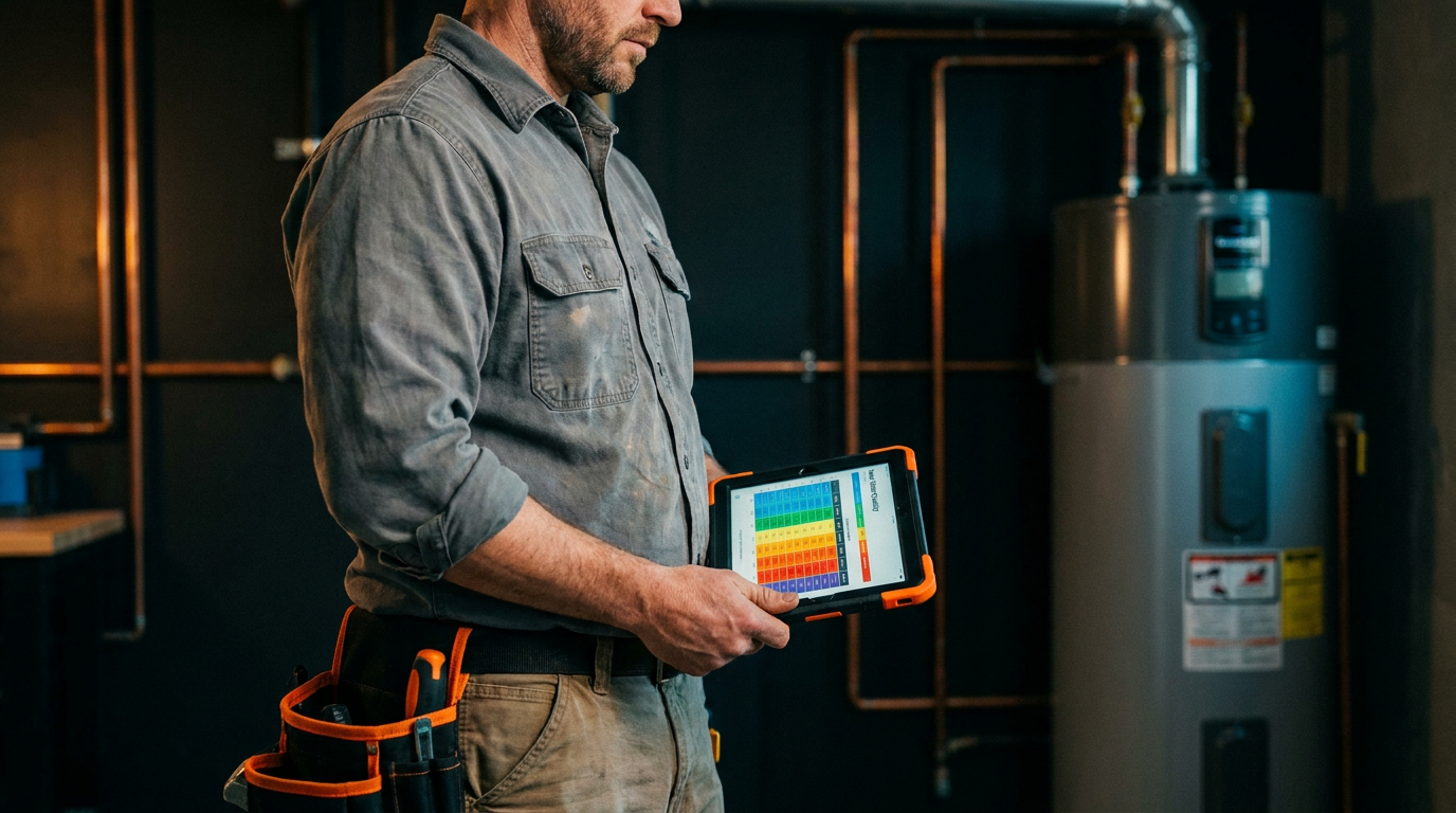 A plumber using AI tools on a tablet to analyze data for managing hard water issues in the Midwest.